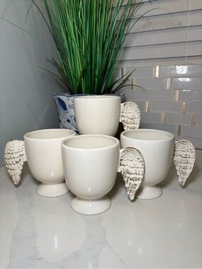 Wisteria Angel Wing Mugs Off White Ceramic Gold Gilded Shabby Chic Pedestal